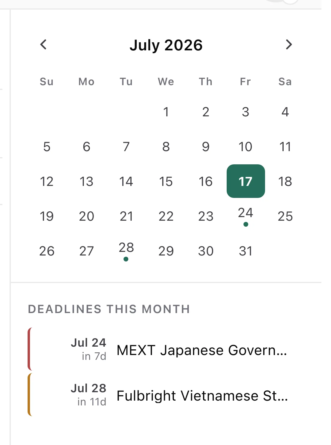 Monthly calendar with scholarship deadlines marked and a deadlines-this-month list