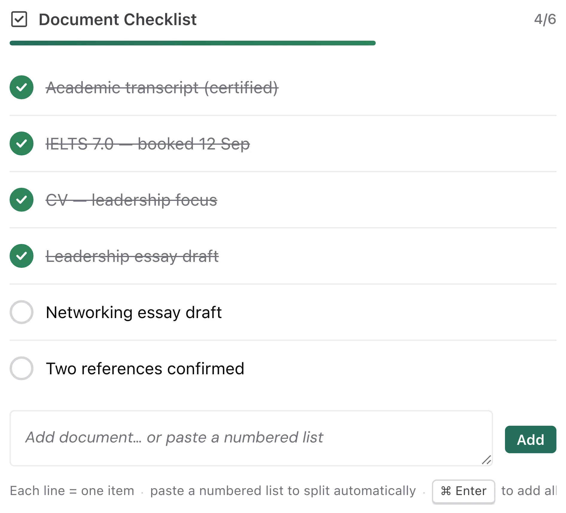 Document checklist with four of six items completed and a progress bar