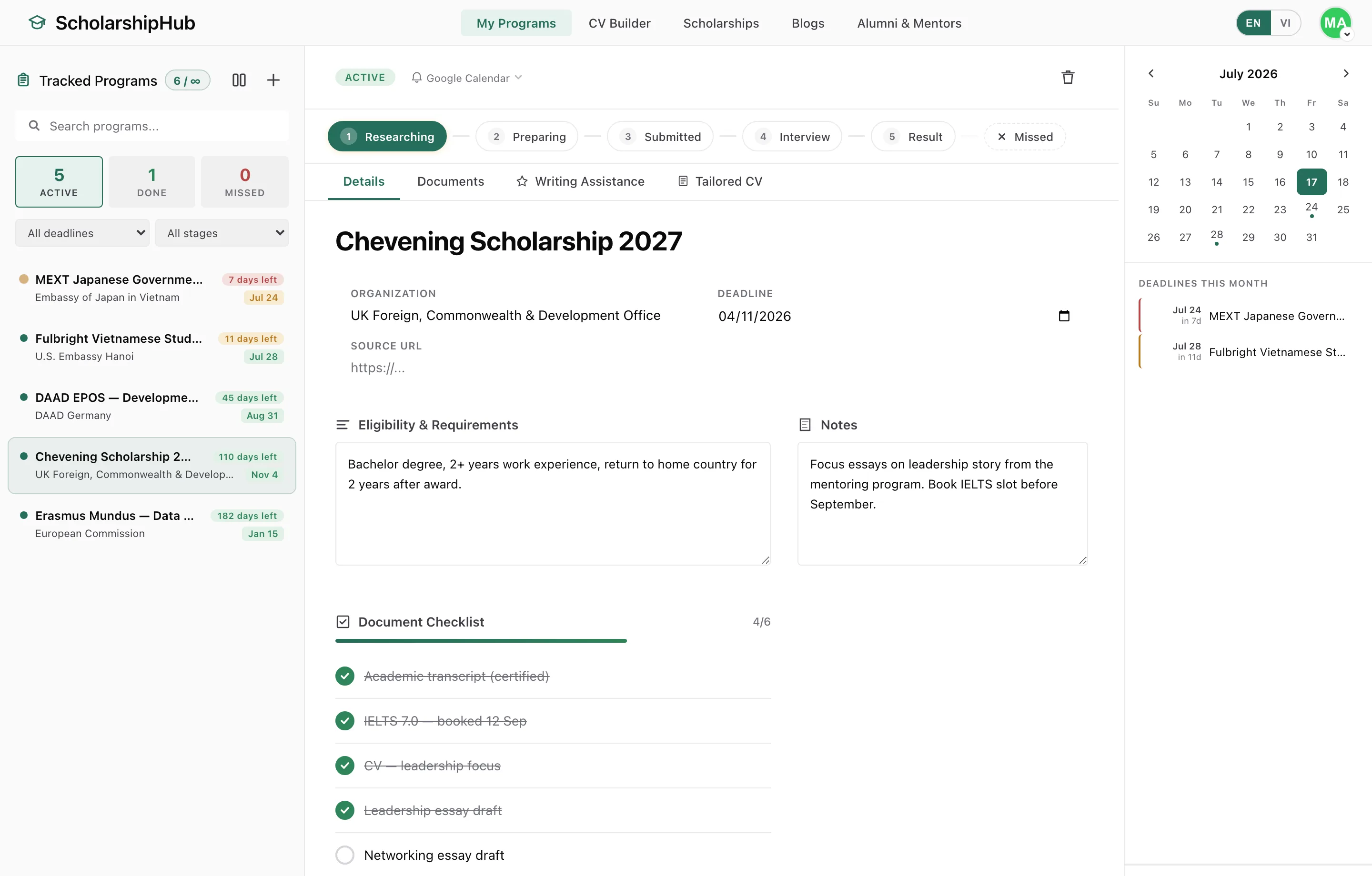 ScholarshipHub dashboard tracking six scholarship programs with statuses, a document checklist and a deadline calendar